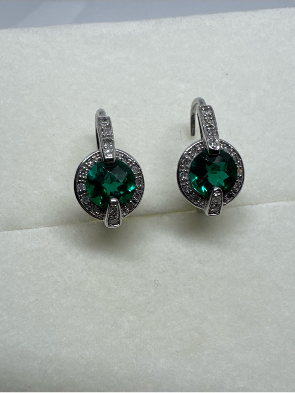 Solid 10K White Gold Lab Created Emerald & Diamond Halo Dangle Earrings 2.74g